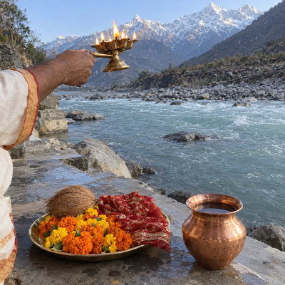 Aarti lamp, marigolds and a chunri on a stone ghat by a Himalayan river