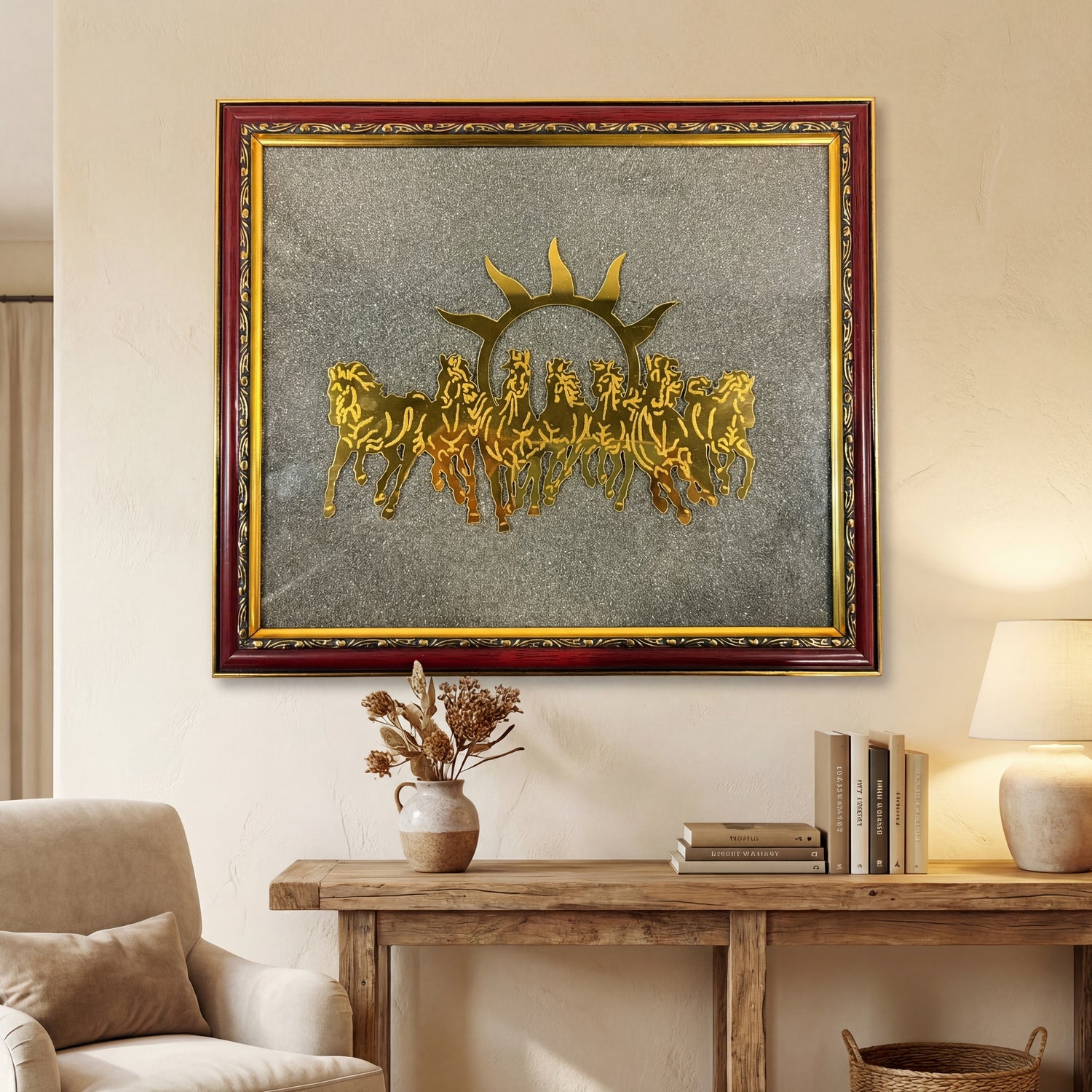 7 Horses Raw Pyrite Frame for Vastu & Prosperity - Large Size