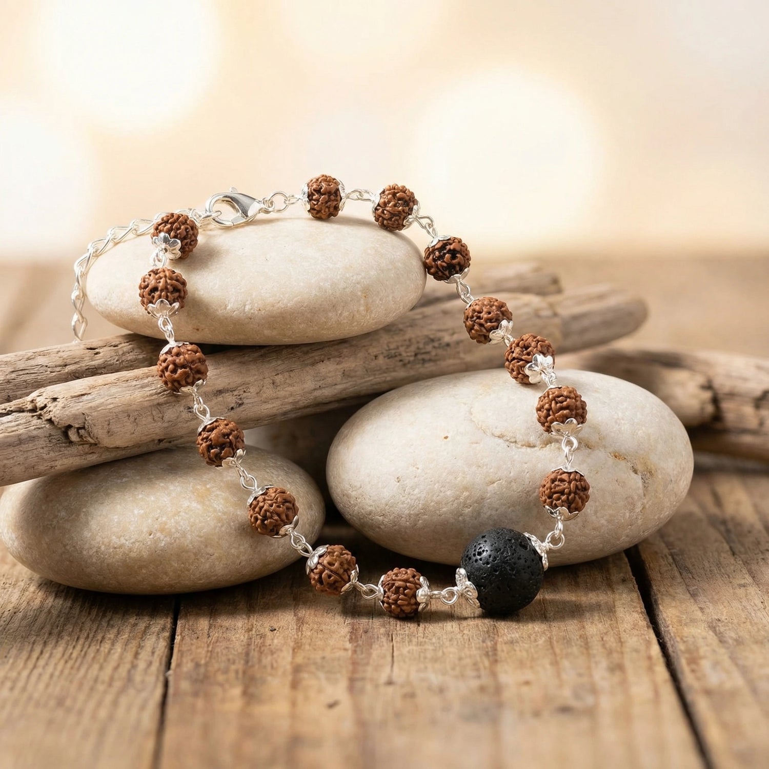 Rudraksha Silver Cap Karungali Bead Bracelet