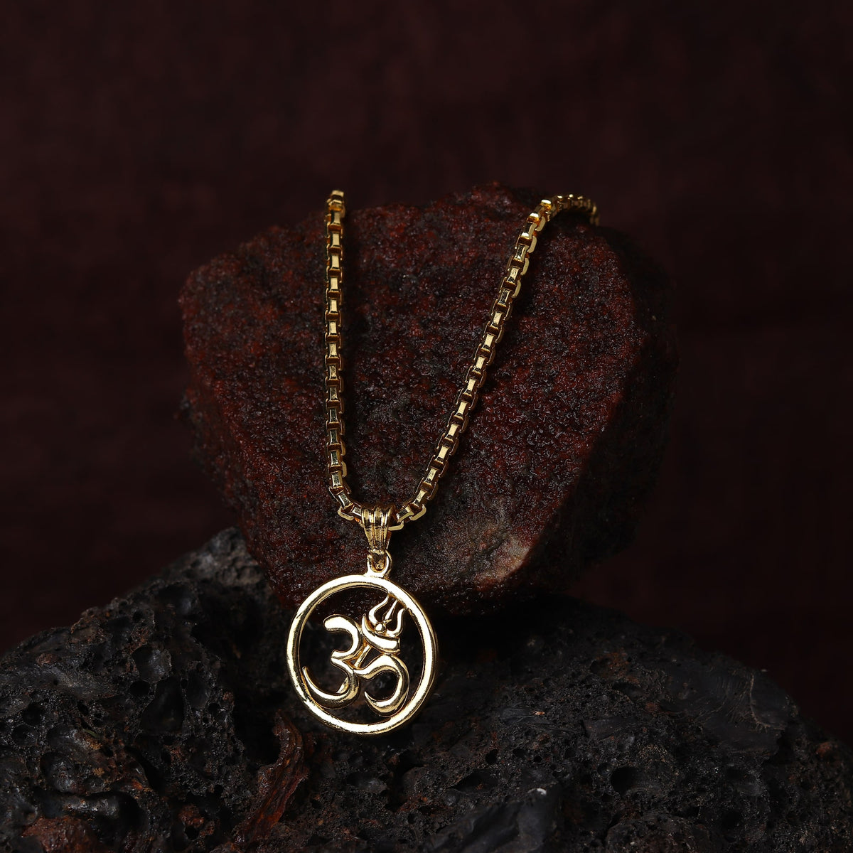 Gold Plated Om Circle Pendant Necklace - Front View