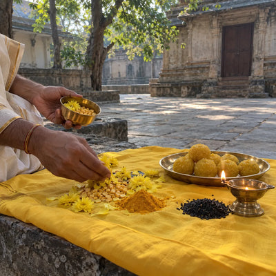 Yellow flowers, chana dal and turmeric on a yellow cloth with black sesame and a ghee diya