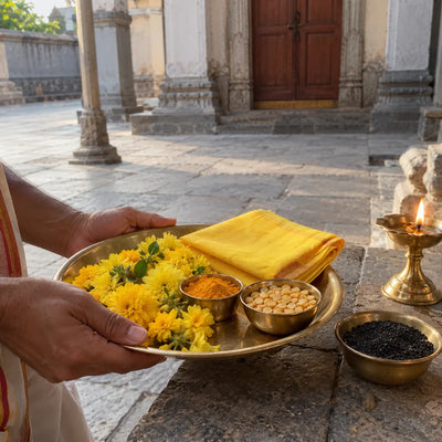 Yellow flowers, turmeric and chana dal beside black sesame and a ghee lamp