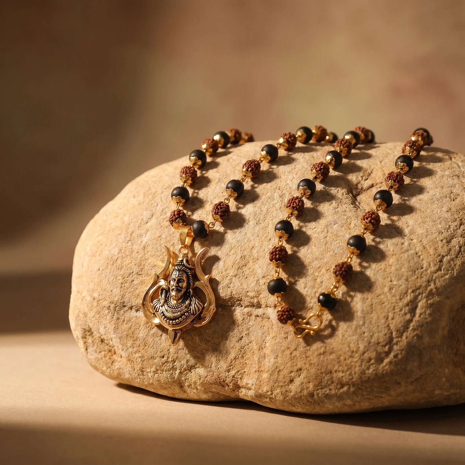 Rudraksha Karungali Malai in Gold-Cap with Shiv Pendant