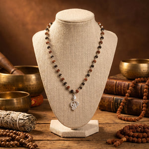 Rudraksha Karungali Malai in Silver-Cap with Vel Pendant