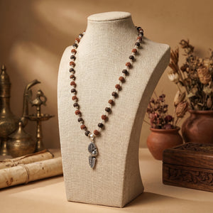 Rudraksha Karungali Malai in Silver-Cap with Vel Peacock Pendant