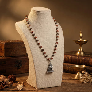 Rudraksha Karungali Malai in Silver-Cap with Lord Murugan with Base