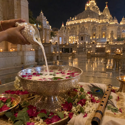 Milk poured from a silver conch for the Janmashtami abhisheka