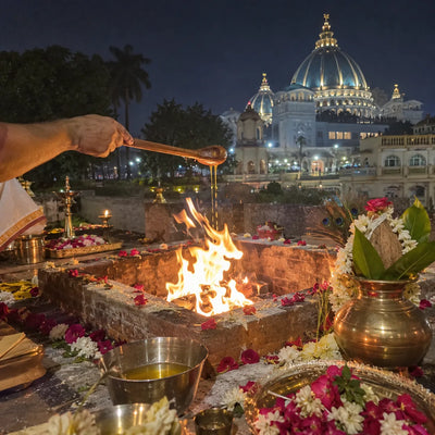 Ghee offered into a yajna fire at night with peacock feathers