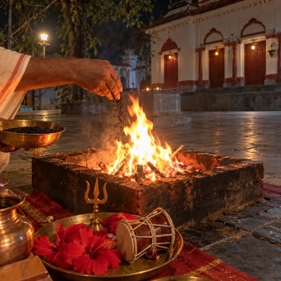 Havan fire at night with a trishul, a damru and red hibiscus for Kaal Bhairav