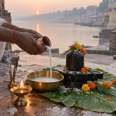Milk poured into a brass bowl beside a black stone Shivling with marigolds and durva grass