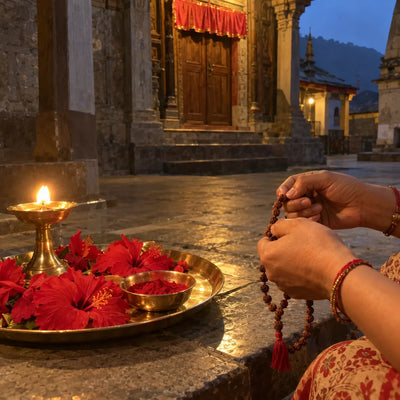 Hands counting a rudraksha mala beside red hibiscus, a bowl of sindoor and a brass lamp