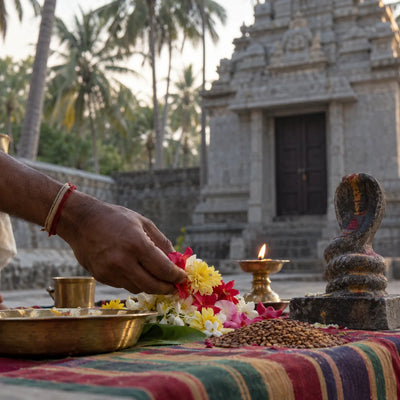 Ketu Archana: mixed flowers and horse gram on a striped cloth for Ketu archana