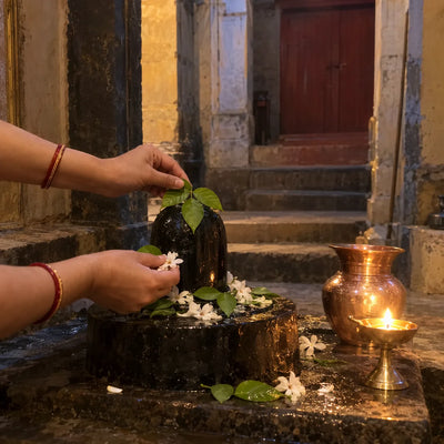 Hands placing bilva leaves and white flowers on a black stone lingam beside a copper lota