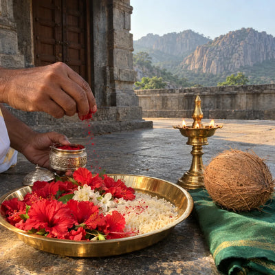 Red kumkum sprinkled over flowers and akshat beside a coconut and a samai lamp for kumkum archana