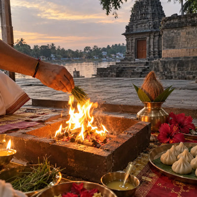 Durva offered into a havan fire with modaks and a kalash for a Ganesh yagya
