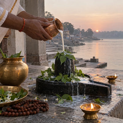 Milk offered from a copper lota over a Shivling heaped with bilva leaves by the Narmada