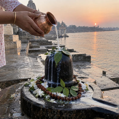 Hands pouring milk onto a black stone lingam with bilva leaves, flowers and a rudraksha mala