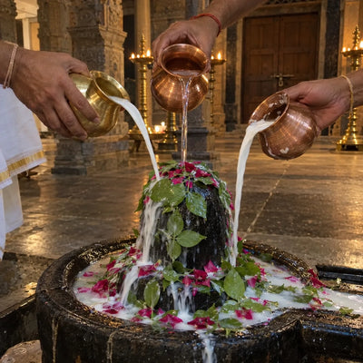 Several hands pouring milk and water over a black stone Shivling with bilva leaves