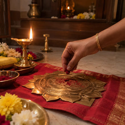 Lalitha Sahasranama Parayanam: kumkum offered on a brass Sri Chakra for Lalitha Sahasranama