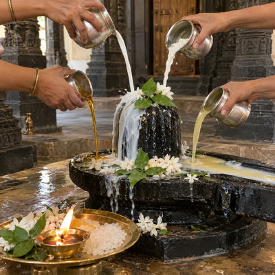 Milk, honey and sugarcane juice poured over a Shivling for a maha abhishek