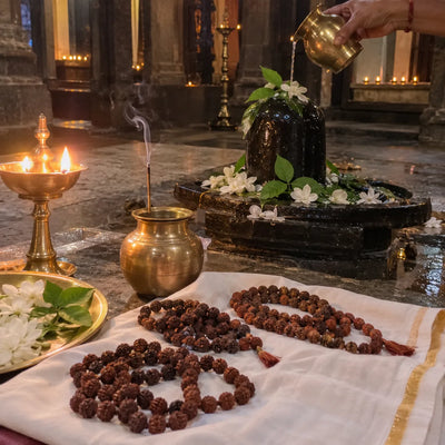 Rudraksha malas on a white cloth before a Shivling with bilva leaves, a brass kalash and a lamp