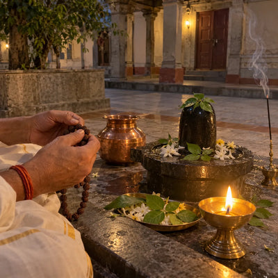 A rudraksha mala being counted beside a black stone Shivling with bilva leaves