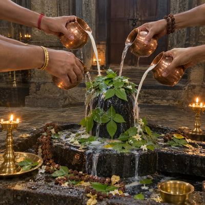 Five pairs of hands offering milk and water over a Shivling heaped with bilva leaves