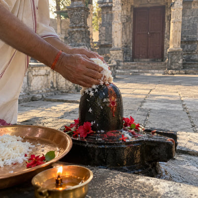 Cooked rice pressed over a black stone Shivling with red flowers and kumkum