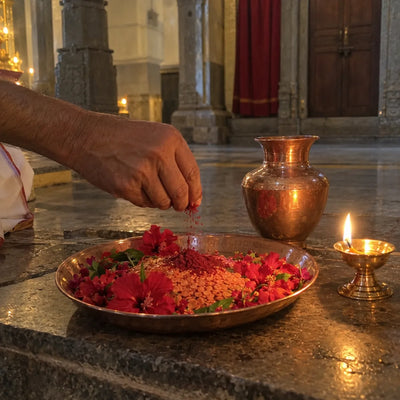 Red sandalwood powder sprinkled over red lentils and flowers in a copper plate