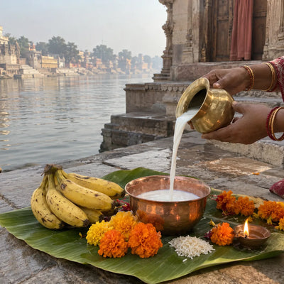 Milk poured into a copper bowl beside ripe bananas, marigolds and a small diya