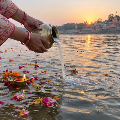 Hands pouring milk from a brass lota into river water among flower petals and a leaf lamp