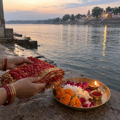 Hands holding a folded red-and-gold chunri beside flowers, kumkum and a diya at the river’s edge
