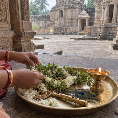 Hands arranging tulsi and jasmine garlands, a peacock feather and a brass flute beside a ghee lamp