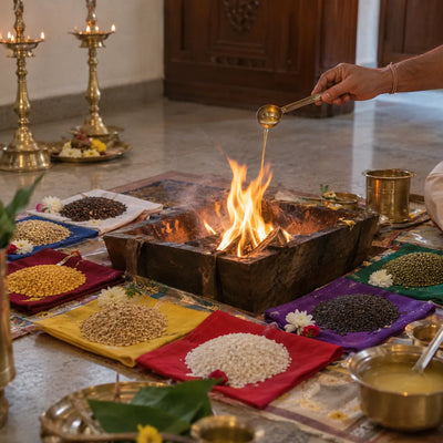 Navagraha Shanti Homam: nine grains on nine coloured cloths around a Navagraha homam fire