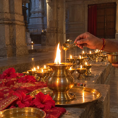 A brass ghee jyoti kalash lamp being filled, with rows of glowing lamps and red hibiscus