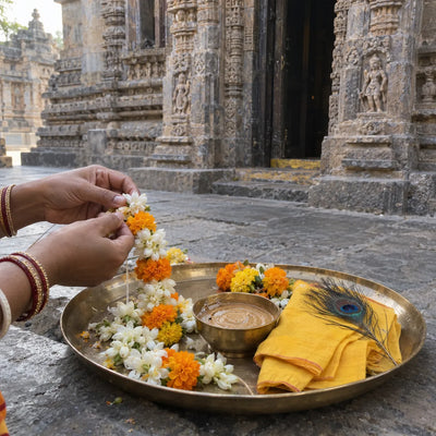 Hands threading a jasmine and marigold garland over a brass plate with sandal paste and yellow cloth