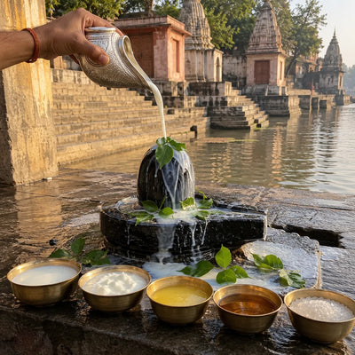 Panchamrit poured from a conch over a Shivling with five offering bowls