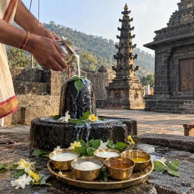 Panchamrit poured over a black stone Shivling with bowls of milk, curd, ghee and honey