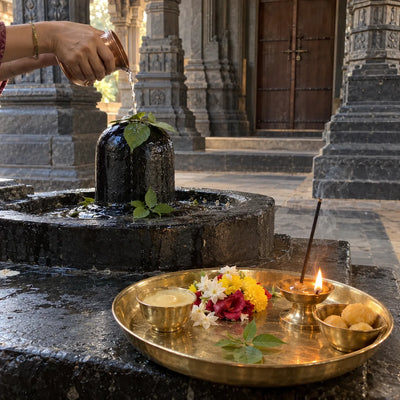 Five offerings of sandalwood, flowers, incense, a diya and sweets before a Shivling