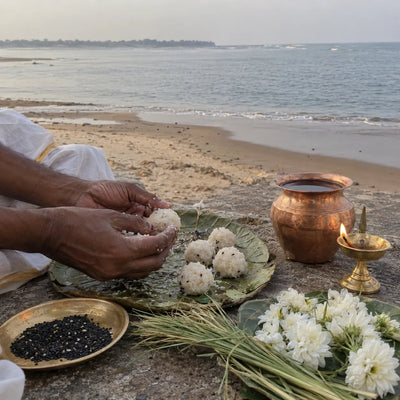 Rice pindas on a leaf plate with sesame, kusha grass and a brass lamp by the water