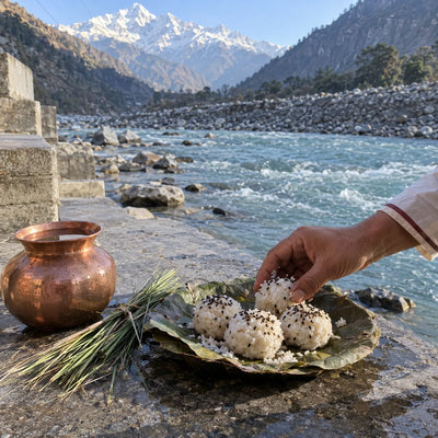 Pindas with black sesame and kusha grass on a leaf plate by a Himalayan river