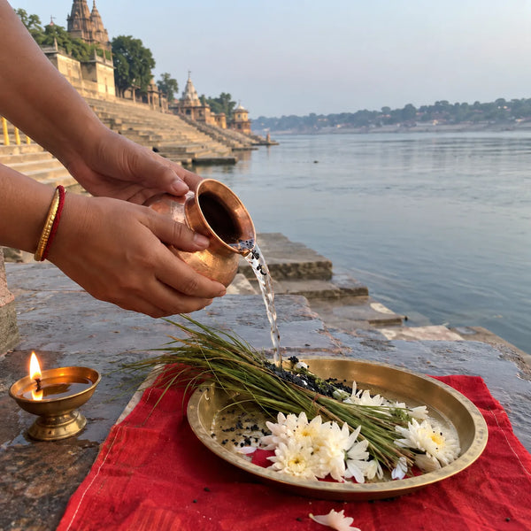 Hands pouring water with black sesame onto kusha grass beside white flowers and a lit diya