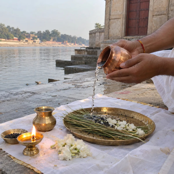 Water with black sesame offered over kusha grass beside a ghee lamp and white flowers