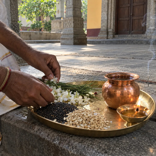 White flowers, kusha grass, sesame and barley on a brass plate with a ghee lamp