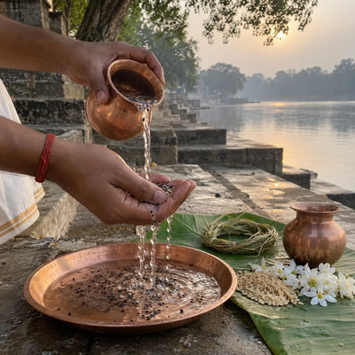 Water with black sesame poured through the fingers into a copper plate for pitru tarpan