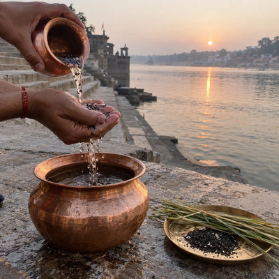 Hands letting water with black sesame flow through the fingers into a copper vessel