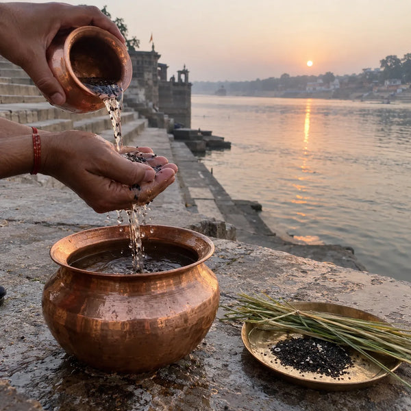 Hands letting water with black sesame flow through the fingers into a copper vessel