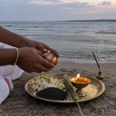 Gangajal, sesame, white flowers and a ghee lamp on a brass plate for a shanti puja