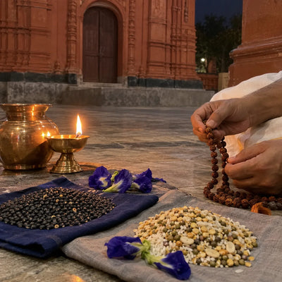 Grain heaps on blue and grey cloths with a mala and an oil lamp for Rahu-Ketu shanti