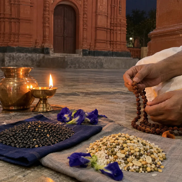 Grain heaps on blue and grey cloths with a mala and an oil lamp for Rahu-Ketu shanti